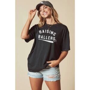Acid Wash Raising Ballers Baseball Mom Graphic Tee LARGE